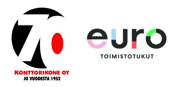 Konttorikoneen juhlavuoden logo ja Eurotoimistotukut logo